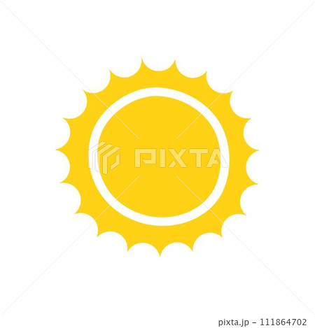 Simple yellow sun vector flat illustration with round shape middle and beams, cute summer image for making cards, decor, vacation concept, holiday and summertime design for children Simple yellow sun vector flat illustration with round shape middle and beams, cute summer image for making cards, decor, vacation concept, holiday and summertime design for children 111864702