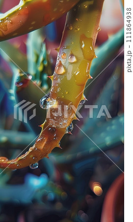 A close up of a green aloe vera plant with water drops on the leaves, displaying beautiful macro photography of this terrestrial houseplant, cosmetic concept 111864938