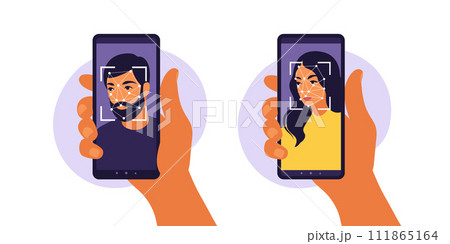 Facial recognition system concept. Face ID, face recognition system. Facial biometric identification system scanning on smartphone. Mobile app for face recognition. Vector illustration 111865164