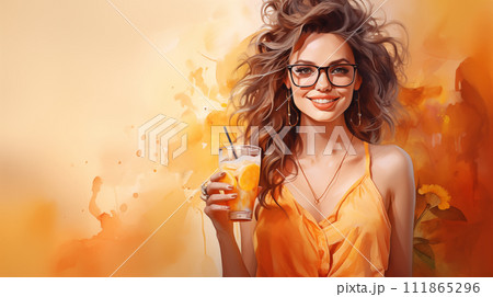 AI-generated content. A radiant woman in glasses holding a citrus drink, evoking summertime bliss AI-generated content. A radiant woman in glasses holding a citrus drink, evoking summertime bliss 111865296