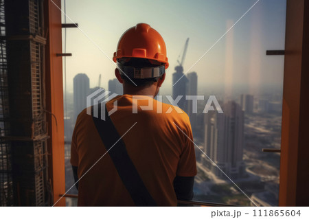 AI-generated content. Construction Worker Overlooking Urban Skyline 111865604