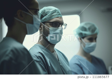 AI-generated content. Medical team in blue protective gear performing surgery 111865677