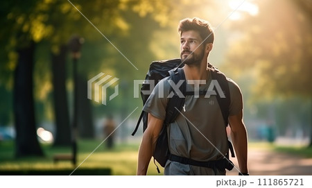 A man with a backpack enjoys nature while walking, embodying urban fitness and the trend of rucking for exercise 111865721
