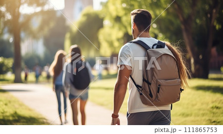 A person walks outdoors on a sunny path with a red backpack, embodying urban fitness through rucksack hiking amidst nature 111865753