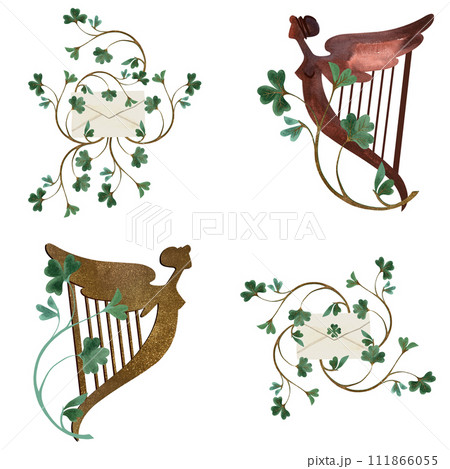 Set of illustrations for St. Patrick's Day. Compositions for postcards and Irish holiday decorations. Isolated watercolor illustration on white background. 111866055