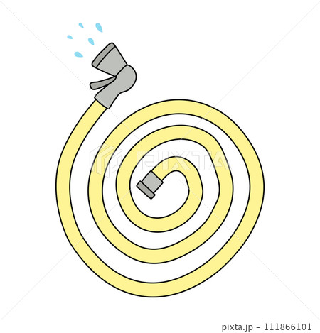 Spiral watering hose with water drops, spring garden design element, vector 111866101