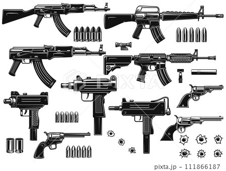Set of illustrations of weapon. Assault rifle, uzi, revolvers, handgun, bullets, bullet holes. Design element for logo, label, sign, poster, card, banner. Vector illustration 111866187