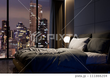 Modern style luxury black master bedroom with blurry city view in the night background 3d render 111866204