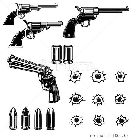 Revolvers, bullets, bullet holes. Design element for poster, card, banner, sign. Vector illustration 111866208