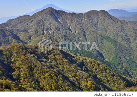 紅葉の丹沢山地　蛭ヶ岳より富士山と重なる西丹沢の檜洞丸を望む 111866817
