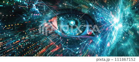 Human eye in space of digital data, abstract network information background for cyber security and AI theme. Concept of computer technology, future, spy, hacker, hack, banner, art. Human eye in space of digital data, abstract network information background for cyber security and AI theme. Concept of computer technology, future, spy, hacker, hack, banner, art. 111867152