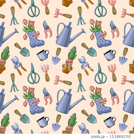 Seamless square pattern with garden tools and spring flowers on a light background. Seamless square pattern with garden tools and spring flowers on a light background. 111868250