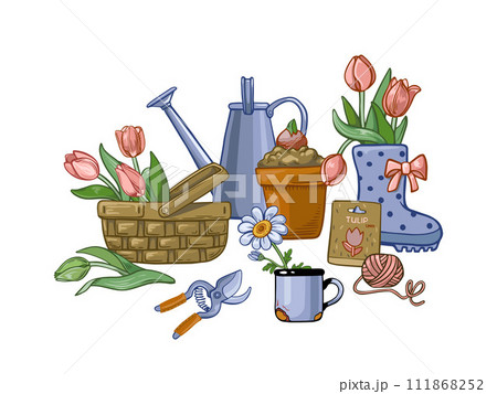 Composition of flowers in pots, in a basket, with a rubber boot, mug, pruning shears isolated on a white background. Composition of flowers in pots, in a basket, with a rubber boot, mug, pruning shears isolated on a white background. 111868252