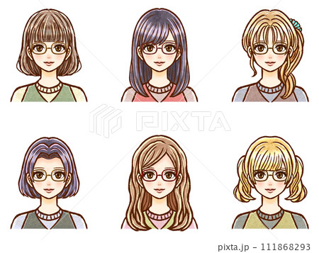 眼鏡をかけた様々な髪型の大人女性のイラスト素材セット 111868293