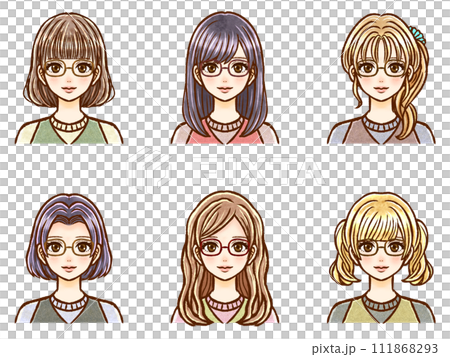 眼鏡をかけた様々な髪型の大人女性のイラスト素材セット 111868293