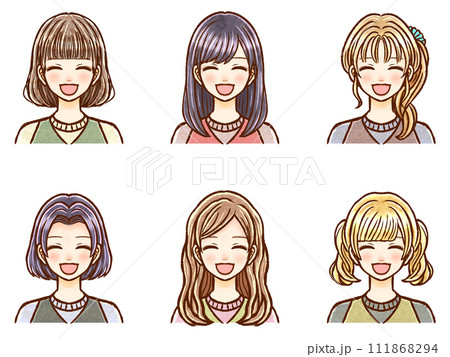 様々な髪型の笑顔の大人女性のイラスト素材セット 111868294