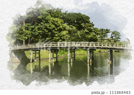 水彩画風　上越高田　高田城　極楽橋　新潟県上越市 111868483