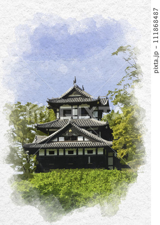 水彩画風　上越高田　高田城　三重櫓　新潟県上越市 111868487