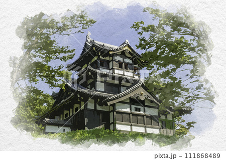 水彩画風　上越高田　高田城　三重櫓　新潟県上越市 111868489