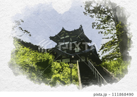 水彩画風　上越高田　高田城　三重櫓　新潟県上越市 111868490