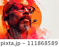 A man with a beard is wearing glasses and headphones on his head 111868589