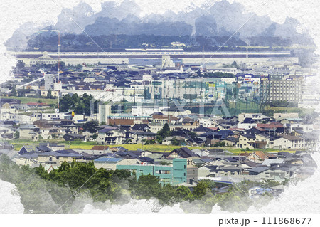 水彩画風　上越市街地　直江津バイパス関川大橋周辺　新潟県上越市 111868677