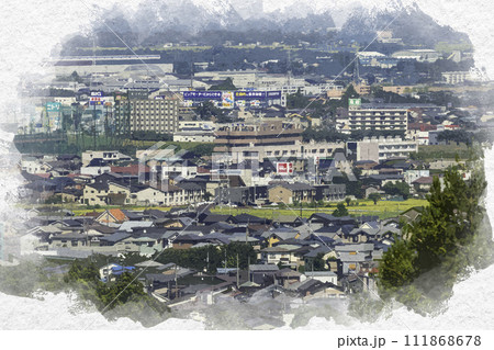水彩画風　上越市街地　直江津バイパス関川大橋周辺　新潟県上越市 111868678
