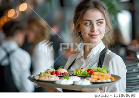 Waitress serving a tray of assorted dishes in a restaurant 111868699