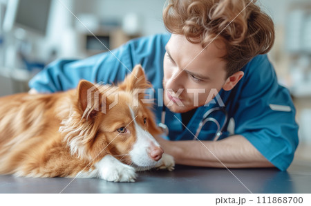 Veterinarian comforting a brown and white dog during a check-up 111868700