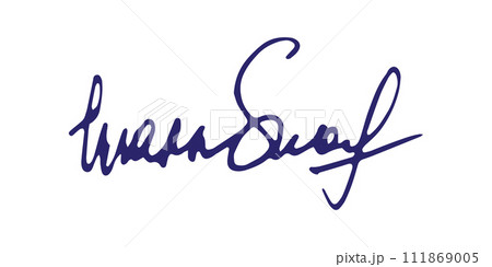 Fake signature hand drawn sample own autograph. Fictitious handwritten signature. Blue ink color. Scribble for sample contracts documents certificates or letters. Vector illustration. 111869005