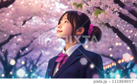 桜吹雪の中の女子高校生(入学・卒業イメージ) 111869057