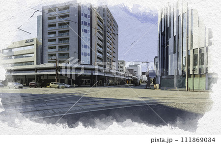 水彩画風 富山市街 西町交差点 富山県富山市 水彩画風 富山市街 西町交差点 富山県富山市 111869084