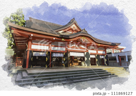 水彩画風 富山市街 日枝神社 拝殿 富山県富山市 水彩画風 富山市街 日枝神社 拝殿 富山県富山市 111869127
