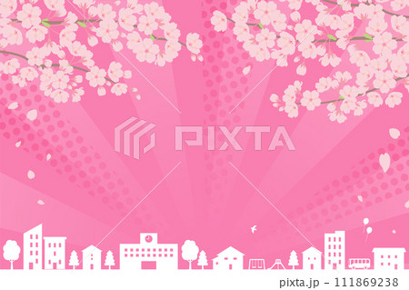 ポップな桜と街並みの背景 111869238