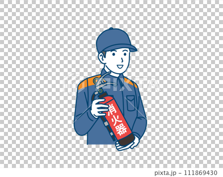消火器について説明する消防士のイラスト 消火器について説明する消防士のイラスト 111869430