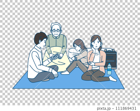 避難所生活をする家族のイラスト 避難所生活をする家族のイラスト 111869431
