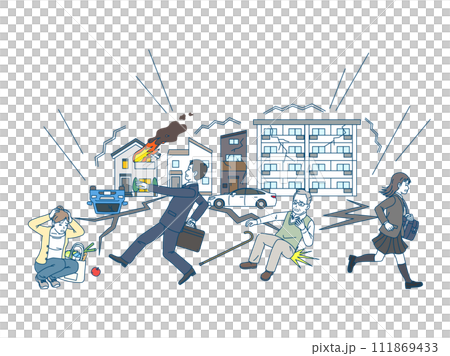 大地震が発生しパニックになる人々のイラスト 111869433