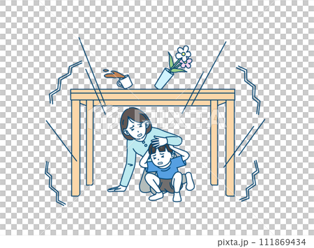 地震が発生し机の下に隠れる親子のイラスト 地震が発生し机の下に隠れる親子のイラスト 111869434