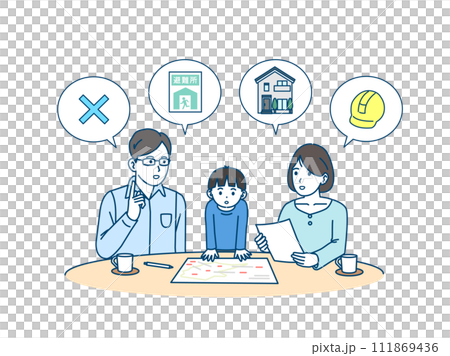 Illustration of a family discussing evacuation sites 111869436