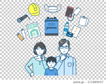 Illustration of a family checking disaster prevention supplies Illustration of a family checking disaster prevention supplies 111869437