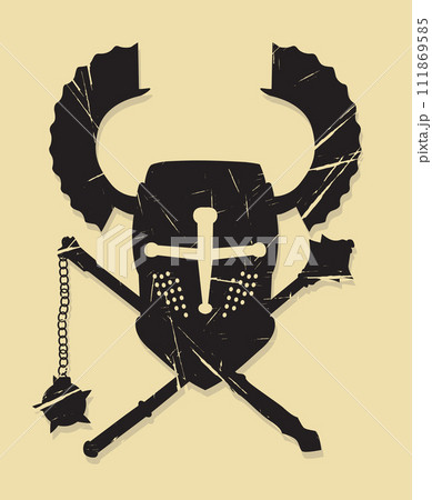 Teutonic knight helmet, mace and flail symbol 111869585