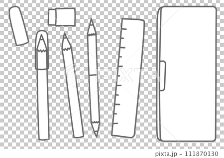 筆箱と赤青鉛筆　定規　鉛筆　消しゴム　キャップのイラストセット 111870130