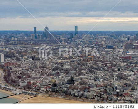Cloudy aerial view of the Boston downtown landscape 111870192