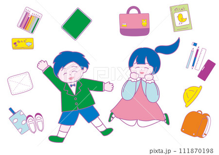 新入生の子供たちと入学準備グッズのイラスト カラフル 新入生の子供たちと入学準備グッズのイラスト カラフル 111870198
