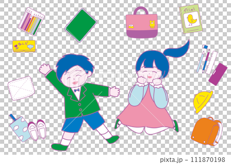 新入生の子供たちと入学準備グッズのイラスト カラフル 新入生の子供たちと入学準備グッズのイラスト カラフル 111870198