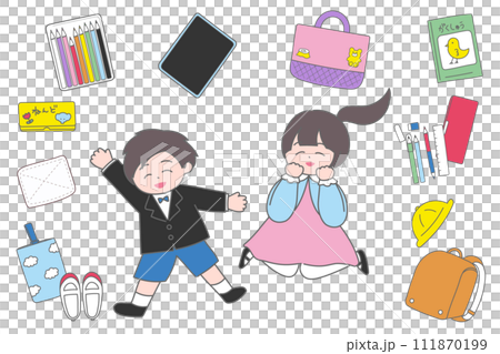 Illustration of new students and goods preparing for entrance into school 111870199
