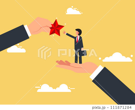 Support and Rewards. confidence businessman standing on big hand getting star reward. Support and Rewards. confidence businessman standing on big hand getting star reward. 111871284