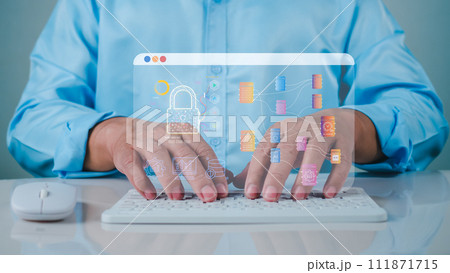 Businessman using computer secure encryption technology, cybersecurity privacy of data protection, security Internet access, security encryption of user private data, business confidentiality. Businessman using computer secure encryption technology, cybersecurity privacy of data protection, security Internet access, security encryption of user private data, business confidentiality. 111871715