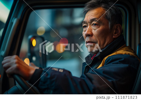 トラックを運転するシニア男性 111871823