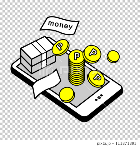Illustration of large sums of money and points overflowing from smartphones 111871893